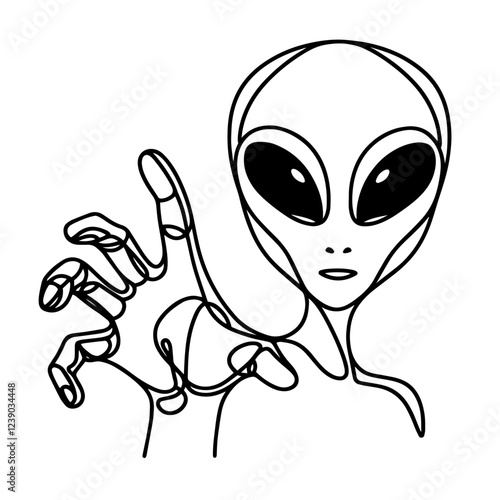 alien with hand gesture in continuous line art, futuristic vector illustration
