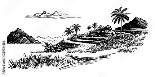tropical hillside with palm trees and mountain background, vector silhouette for engraving
