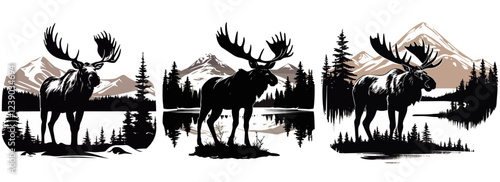 moose in mountain landscape with forest and lake, vector silhouette for engraving
