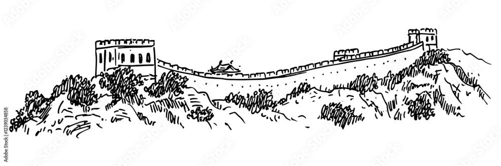 Fototapeta premium great wall of china with watchtowers on hilly terrain, vector silhouette for engraving 