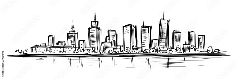 Obraz premium modern city skyline with skyscrapers and reflections, vector silhouette for engraving 
