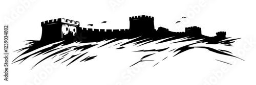medieval castle fortress on hilltop with birds, vector silhouette for engraving
