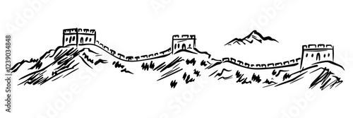 great wall of china on mountainous landscape with watchtowers, vector silhouette for engraving
