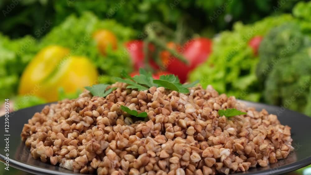 Cooked buckwheat close-up, fresh vegetables in background Cooked buckwheat close-up, fresh vegetables in background