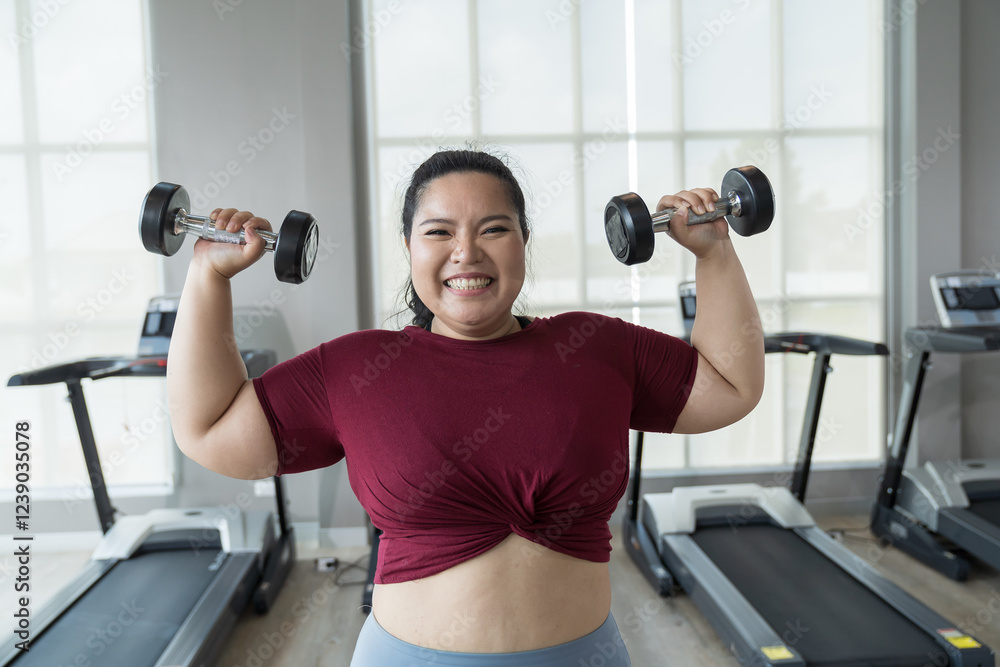 Happy smiling Asian young plus size woman lifting dumbbell weight in fitness club. Young overweight woman holding dumbbell workout at gym. Asian woman exercise training with weight, healthy lifestyle Happy smiling Asian young plus size woman lifting dumbbell weight in fitness club. Young overweight woman holding dumbbell workout at gym. Asian woman exercise training with weight, healthy lifestyle