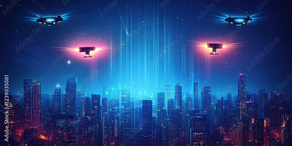 Fototapeta premium Futuristic Cityscape Drones Surveillance Technology