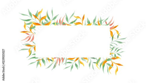 Delicate pastel colored foliage horizontal frame isolated background. Watercolor leaves template with empty for text. Summer floral illustration for package design, kid birthday invitation