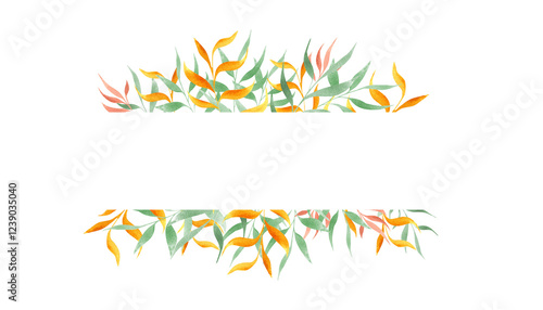 Watercolor naive green, orange leaves horizontal border isolated background. Holiday foliage illustration with copy space for text. Summer floral frame for greetings, kid birthday invitation