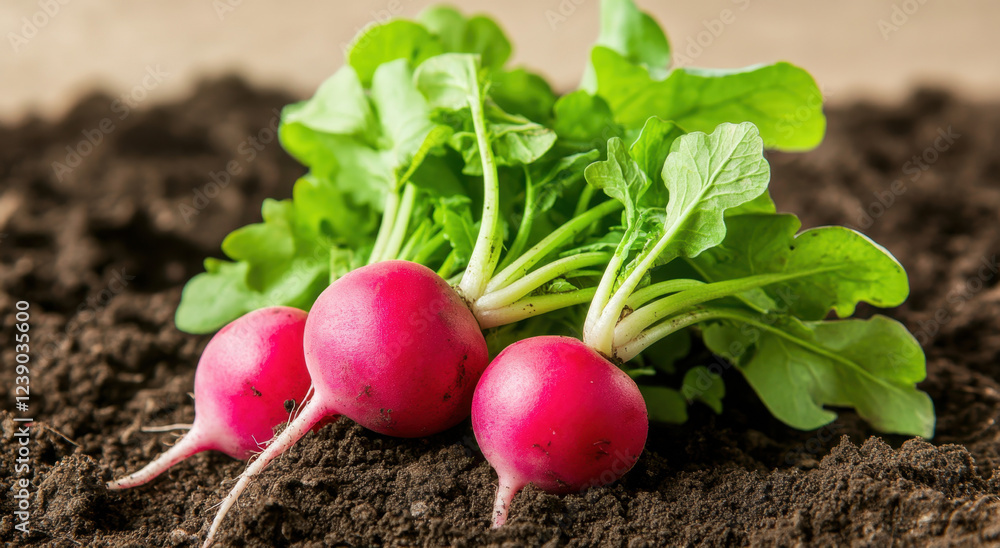 A bunch of vibrant radishes is freshly harvested from the earth, displaying their round, pink bulbs and lush green tops. The soil around them is dark and rich, indicating healthy growth A bunch of vibrant radishes is freshly harvested from the earth, displaying their round, pink bulbs and lush green tops. The soil around them is dark and rich, indicating healthy growth