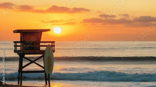 A peaceful coastal sunset with a lifeguard tower, surfboard, and calm waves, capturing the quiet duty of safety amidst natural beauty.