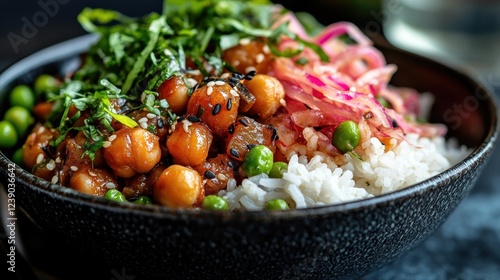 A vibrant bowl featuring chickpeas, rice, green peas, and pickled onions, garnished with fresh herbs for a healthy and flavorful meal option.