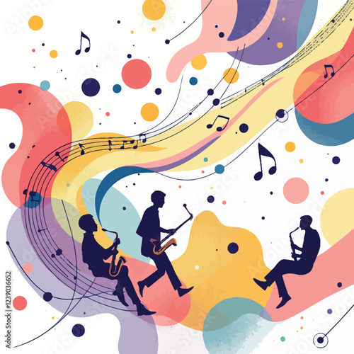 Saxophonists playing music with colorful abstract background