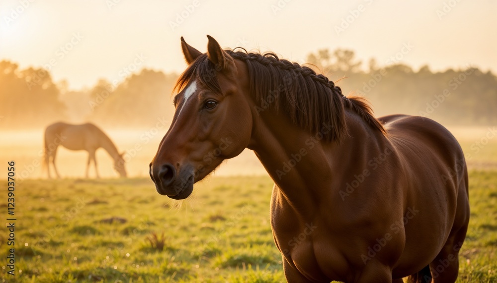 Fototapeta premium Brown horse grazing in sunny field