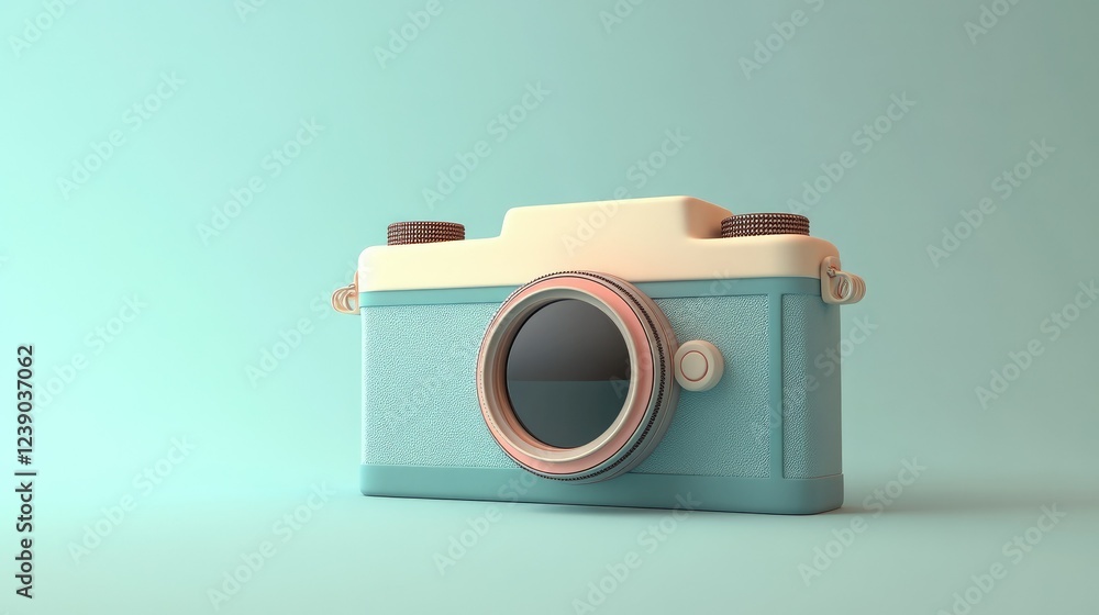 A playful 3D digital camera with smooth edges and a cartoonish finish, featuring exaggerated proportions. A playful 3D digital camera with smooth edges and a cartoonish finish, featuring exaggerated proportions.