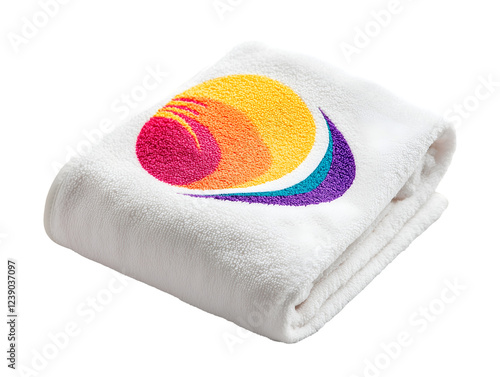 Colorful circular abstract pattern embroidered on a  white towel, folded neatly, with soft light and a  clean minimalist style. Perfect for bathroom, spa, beach, adding a touch of modern design, PNG photo