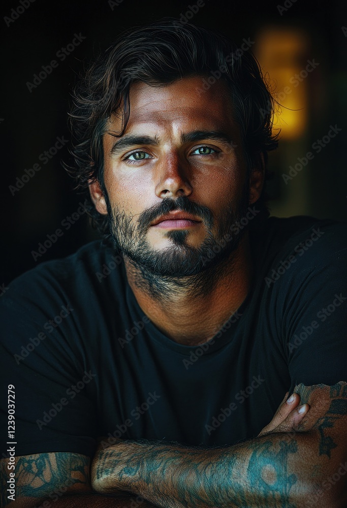 Fototapeta premium Stylish Young Man with Stubble in Black Jacket Seated in Dark Room with Chiaroscuro Lighting