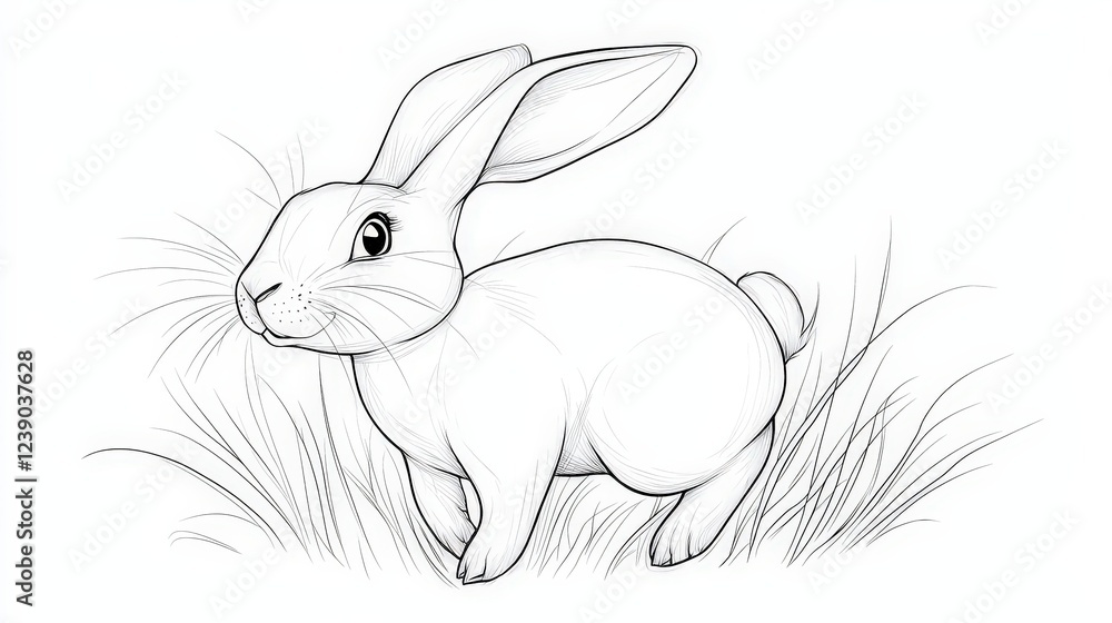 Obraz premium Cute Bunny Rabbit in Grass Outline Illustration for Coloring Book and Art Projects