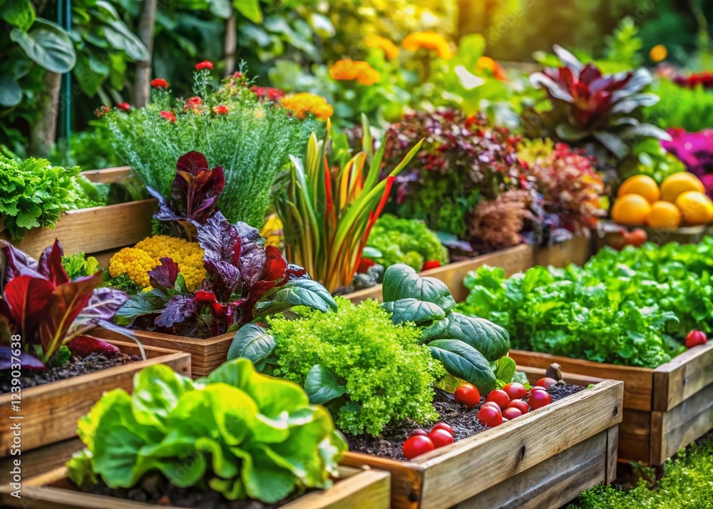 Lush Organic Vegetable Garden Close-Up: Vibrant Homegrown Produce in Raised Beds Lush Organic Vegetable Garden Close-Up: Vibrant Homegrown Produce in Raised Beds