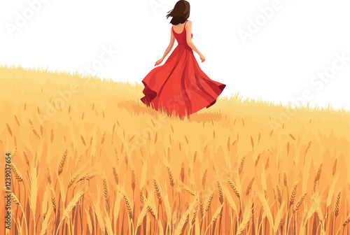 Woman in red dress walking through golden wheat field