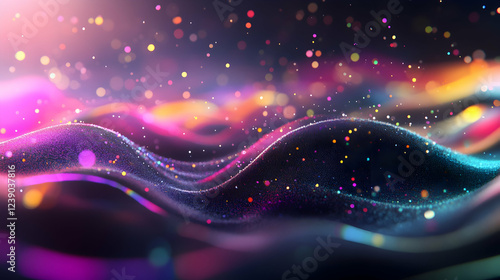 A vibrant 3D abstract design with a dark gray backdrop, featuring a dynamic light gradient and colorful, floating particles