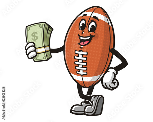 Cartoon mascot character of American Football holding cash