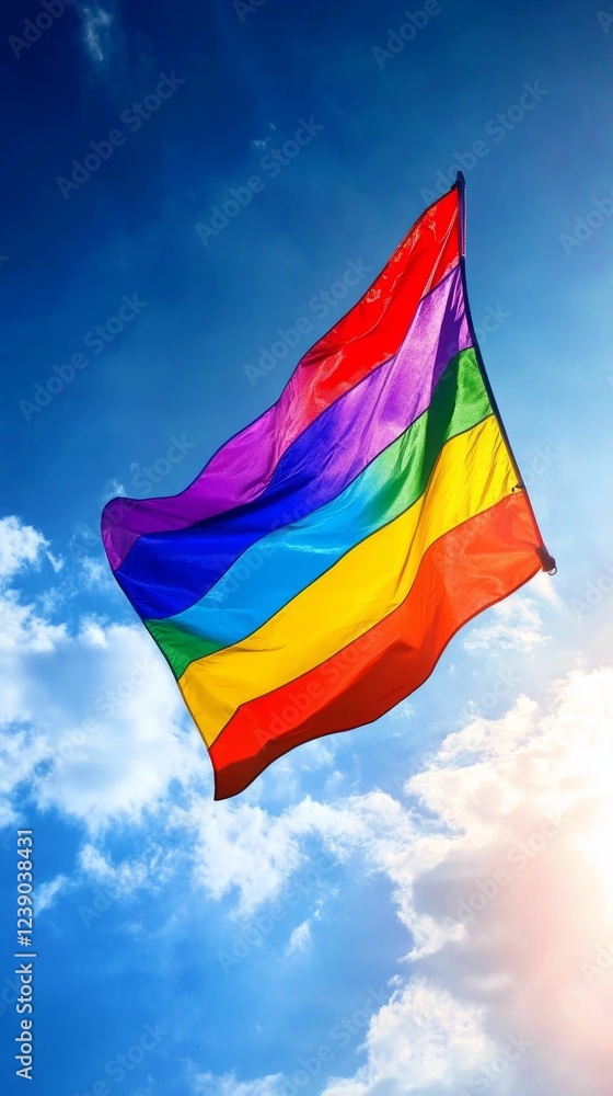 Colorful Rainbow Flag Against Blue Sky with Soft Clouds Colorful Rainbow Flag Against Blue Sky with Soft Clouds