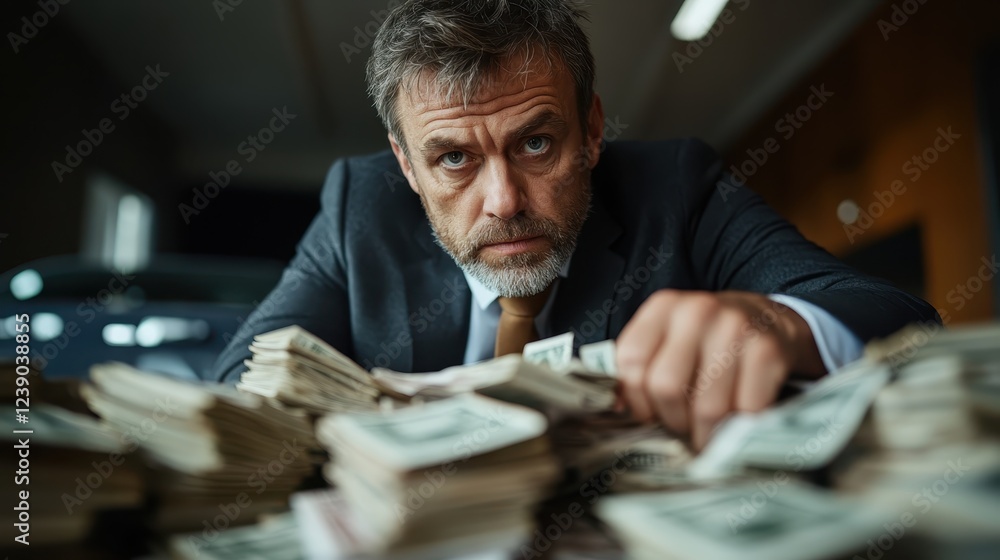 This gripping image captures a serious man in a suit, intensely focused while surrounded by stacks of cash, evoking concepts of wealth, ambition, and power. This gripping image captures a serious man in a suit, intensely focused while surrounded by stacks of cash, evoking concepts of wealth, ambition, and power.