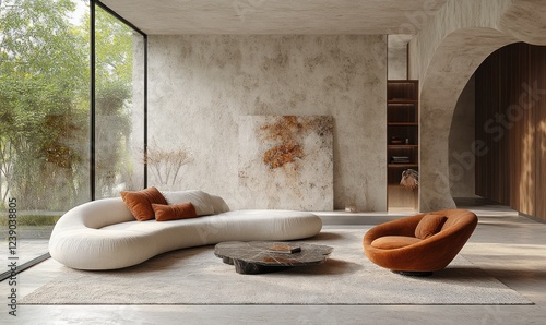 Minimalistic Luxury Living Room with Curved Sofa and Elegant Armchair in Natural Light
