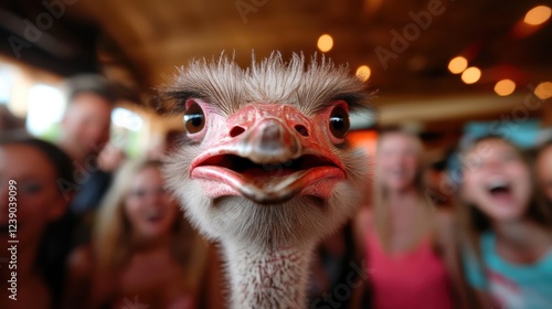 An ostrich amusingly interacts with a cheering crowd, showcasing the delightful connection between humans and wildlife, provoking smiles and laughter. photo