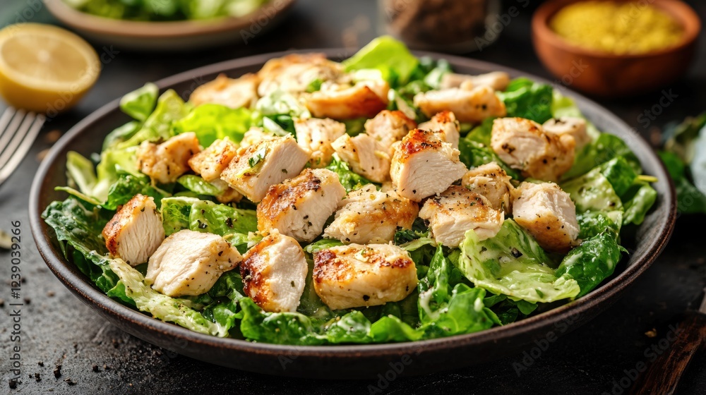 Fresh chicken salad with green lettuce on a dark plate ready for a healthy lunch or dinner Fresh chicken salad with green lettuce on a dark plate ready for a healthy lunch or dinner