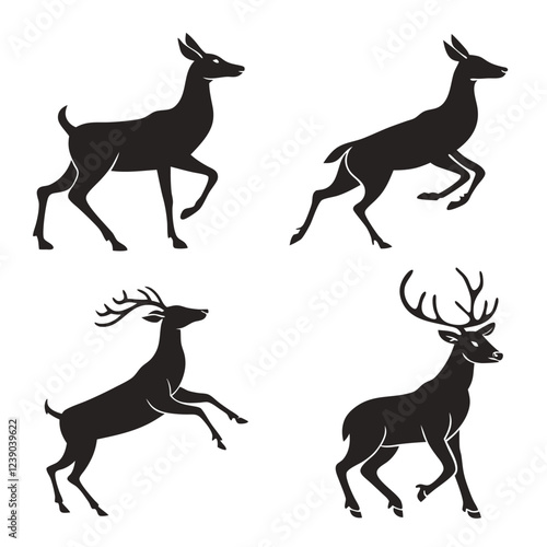 deer silhouettes vector. Deer Vector Illustration Set, Black and White Silhouettes. Collection of Different Deer Poses, Perfect for Logo, Design, and More.