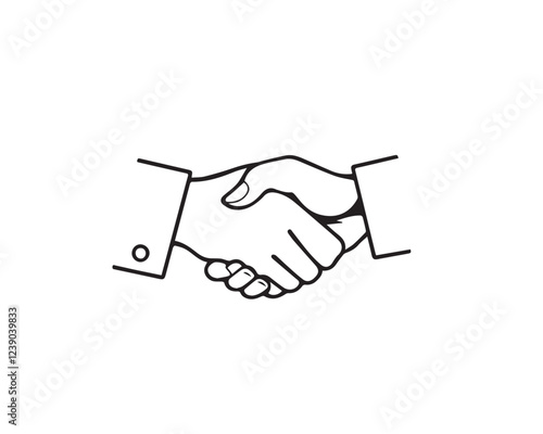 Black and white line art illustration depicting a deal icon, handshake line art, and silhouette icons. Illustration Vector