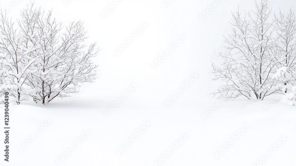 Obraz premium Snowy landscape, winter bushes, white background, serene nature scene
