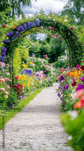 Beautiful Garden Pathway Surrounded by Vibrant Flowers and Foliage