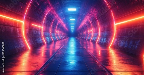 Neon Light Tunnel with Geometric Shapes and Vibrant Colors photo