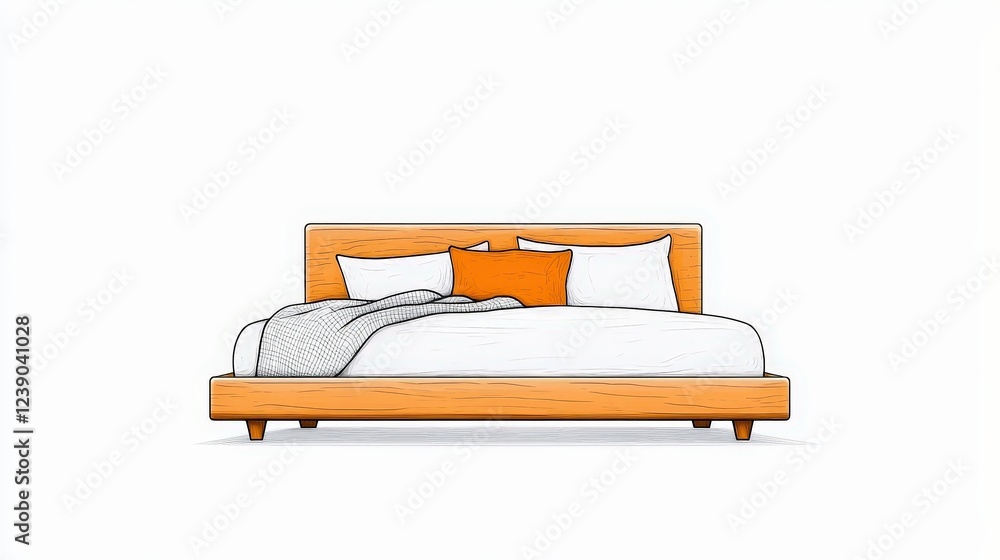 Modern Minimalist Bed with Orange Pillow and Cozy Blanket on a White Background Modern Minimalist Bed with Orange Pillow and Cozy Blanket on a White Background