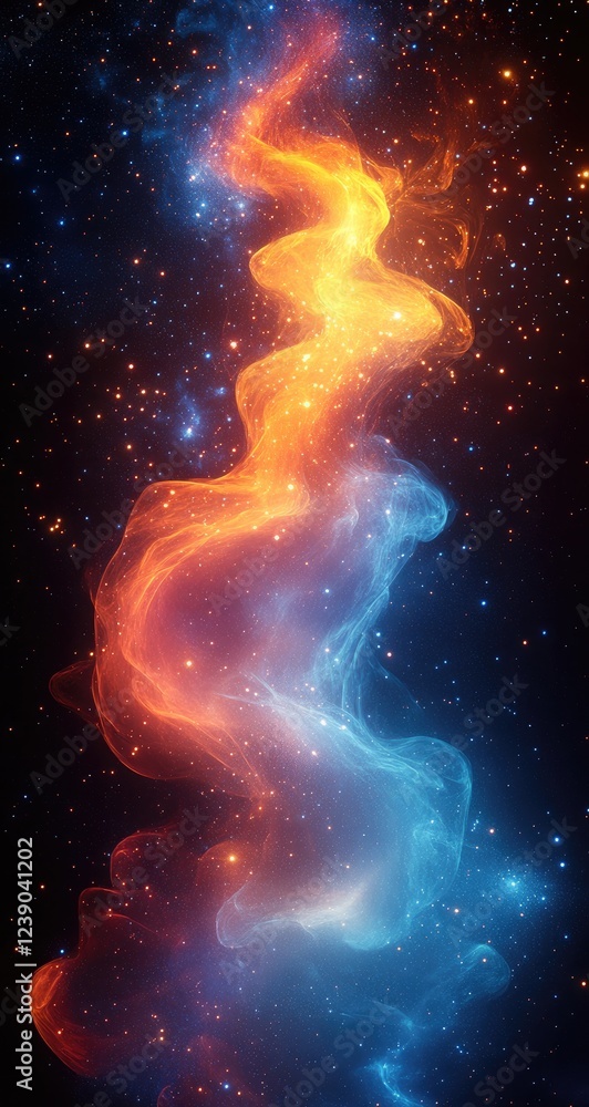 Abstract cosmic artwork depicting a vibrant nebula with swirling, luminous colors of orange, blue, and red against a dark, starry backdrop. The image features a dynamic, flowing form that resembles a Abstract cosmic artwork depicting a vibrant nebula with swirling, luminous colors of orange, blue, and red against a dark, starry backdrop. The image features a dynamic, flowing form that resembles a