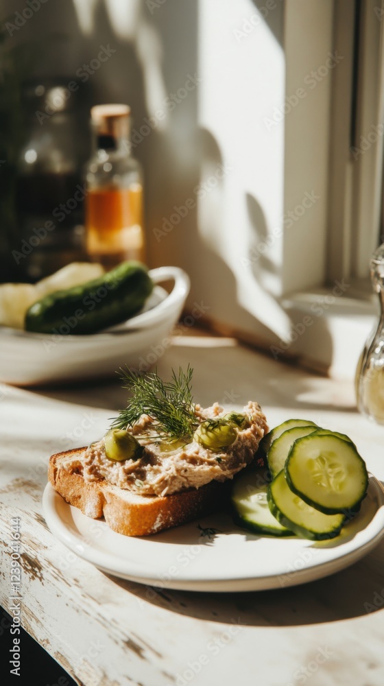 Savoring chicken pâté toast with fresh cucumber slices on a sunny day Savoring chicken pâté toast with fresh cucumber slices on a sunny day