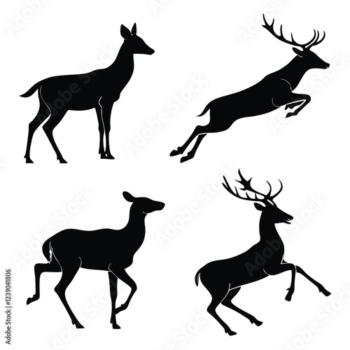 silhouettes of deer set. Deer Vector Illustration Set, Black and White Silhouettes. Collection of Different Deer Poses, Perfect for Logo, Design, and More.