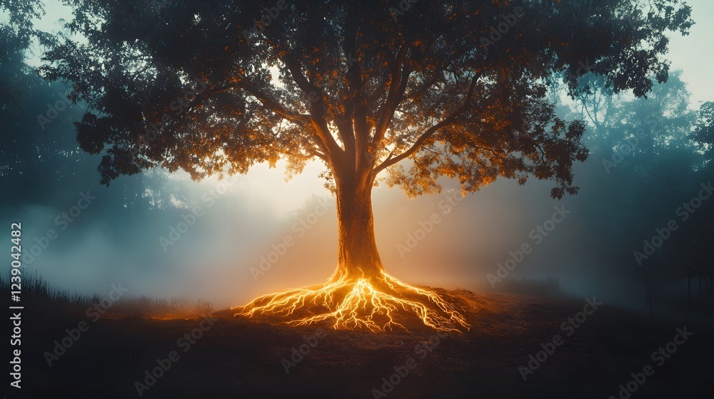 Obraz premium Majestic tree surrounded by mist, glowing roots illuminated in a serene forest setting, perfect for nature themes.
