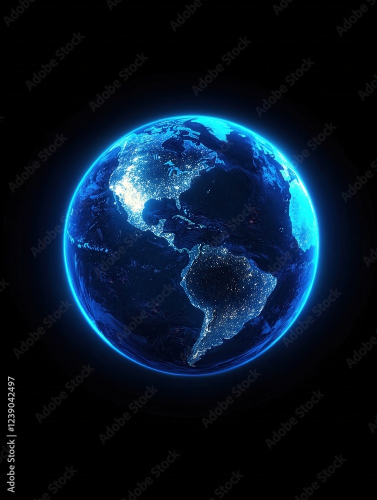Glowing Earth at Night with City Lights Visible from Space on a Dark Background Glowing Earth at Night with City Lights Visible from Space on a Dark Background