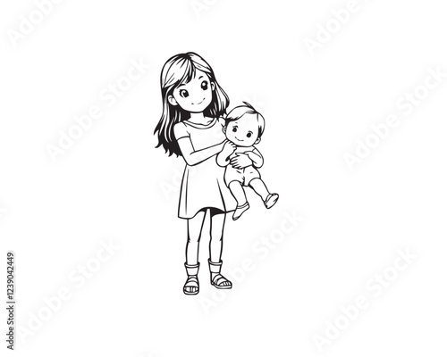 Black and white line art illustration, clear background, easy to color, girls holding a child, Illustration Vector