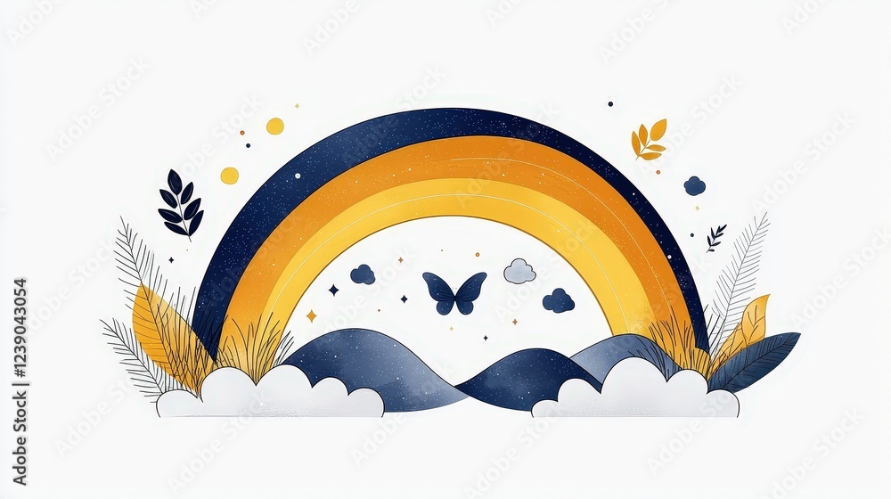 Naklejka premium Vibrant Rainbow Over Hills with Clouds and Butterflies in a Minimalist Art Style