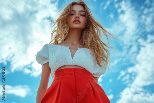 Woman Holding Mobile Phone with Fashion Model Photo in Red Pants and White Top against Red Background photo