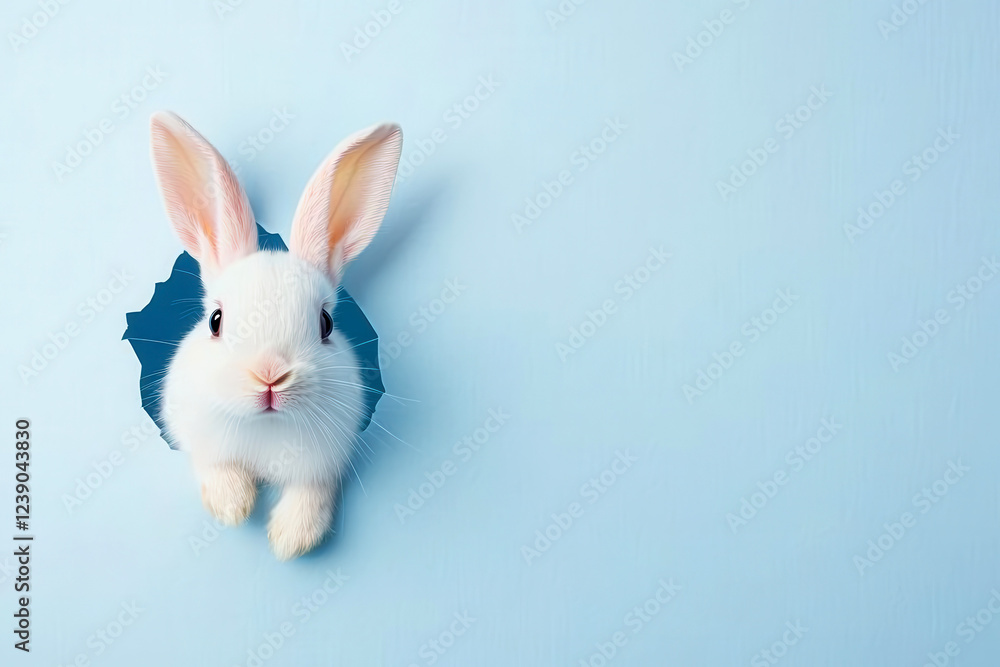 Obraz premium Adorable bunny peeking through a blue paper hole on a soft background.
