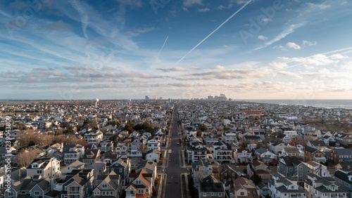 Aerial drone view of Margate City looking at Atlantic City in the distance.