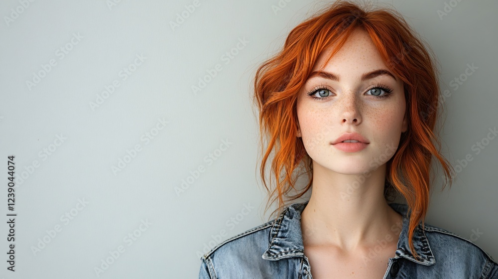 Portrait of a redhead with freckles wearing a denim jacket against a plain light gray background