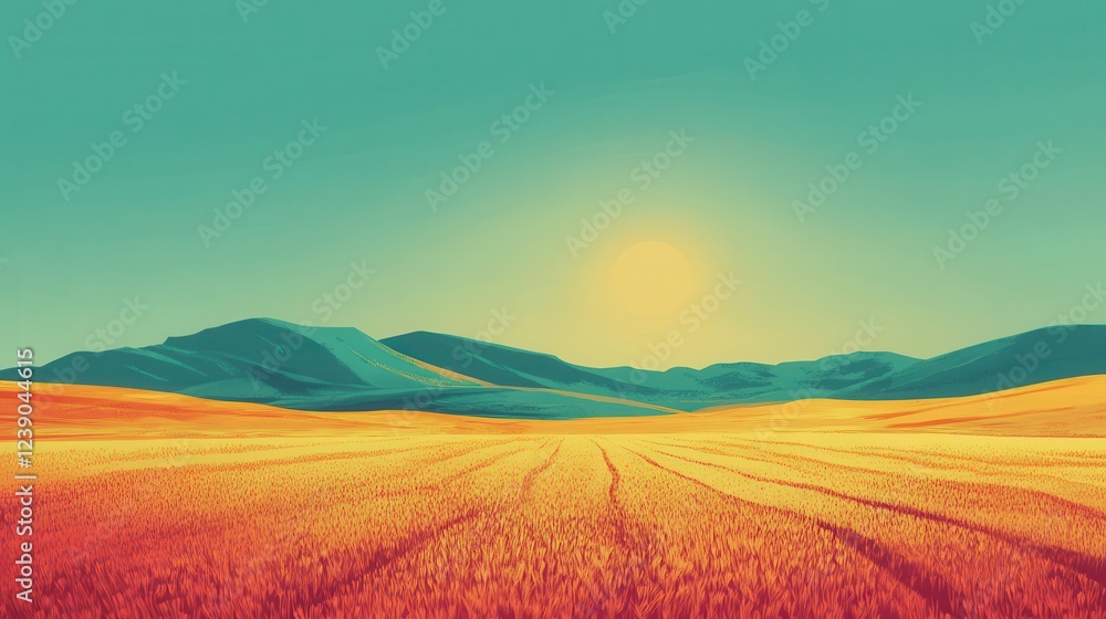 Fototapeta premium Golden Wheat Field Underneath Teal Mountains And Sun