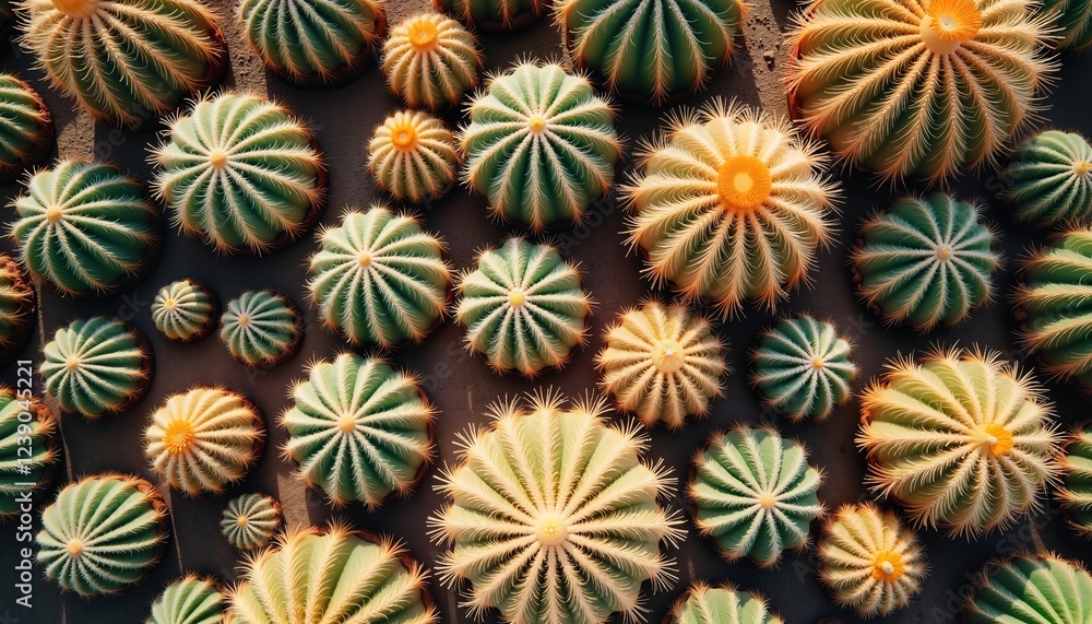 Top view of vibrant round cacti in sunlight, nature background for desert-themed design Top view of vibrant round cacti in sunlight, nature background for desert-themed design