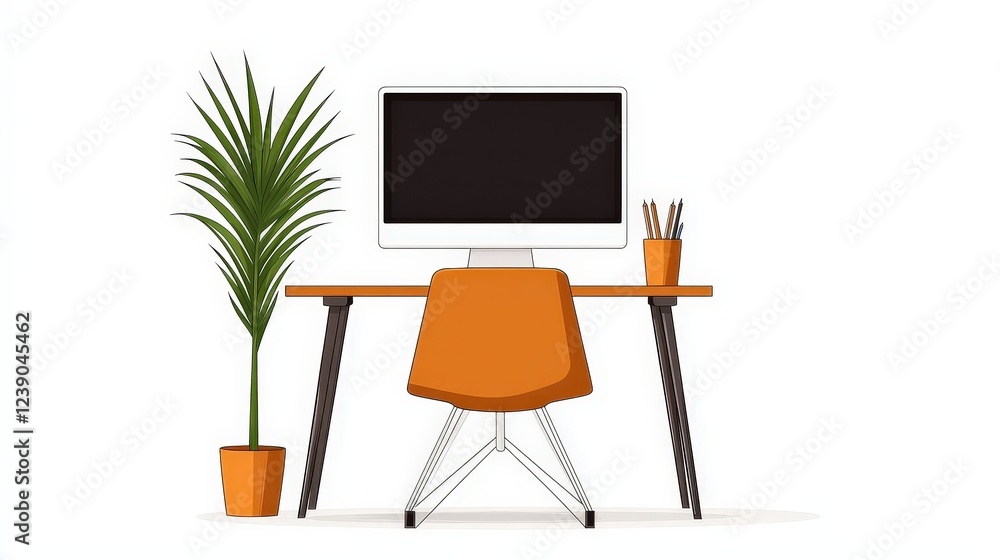 Fototapeta premium Modern Office Desk Setup with Computer, Chair, Plant, and Stationery on White Background
